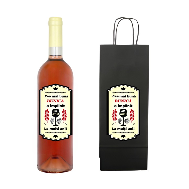 Set personalizat sticla de vin rose, demisec, 750 ml si punga de cadouri cu imprimeu Cea mai buna bunica a implinit 30 ani