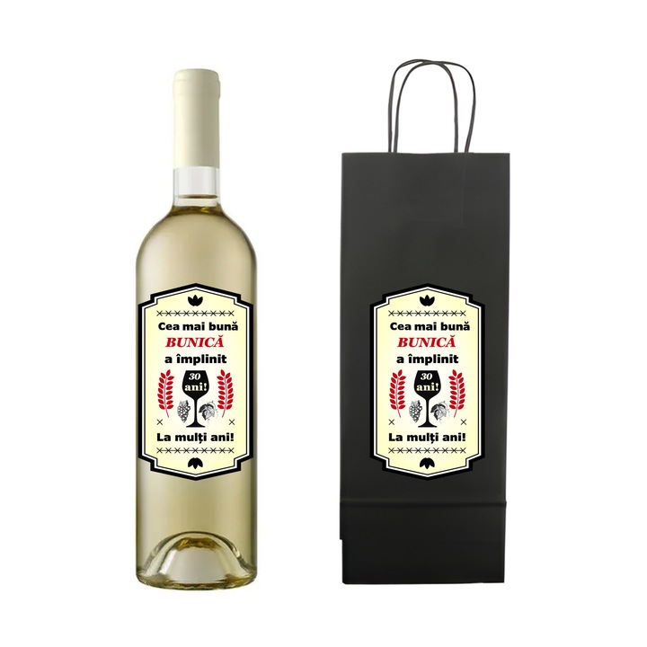 Set personalizat sticla de vin alb, demisec, Sauvignon Blanc, 750 ml si punga de cadouri cu imprimeu Cea mai buna bunica a implinit 30 ani