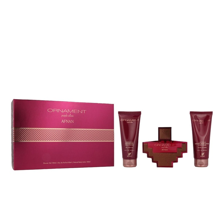 Set parfum dama, Afnan, Ornament Purple Allure, Apa de parfum 100 ml, Lotiune de corp 100 ml, Gel de dus 100 ml