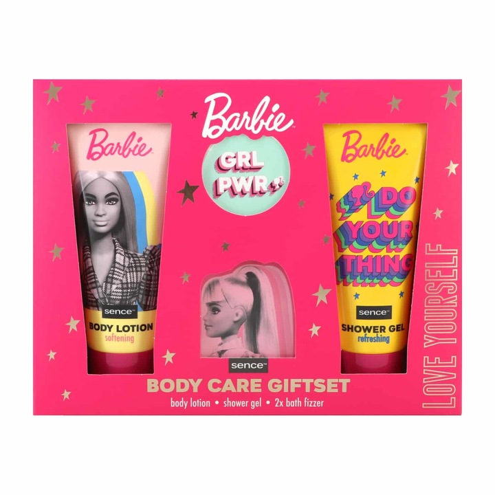 Gyerekeknek szépségápolási készlet tusfürdőből, 150 ml, testápolóból, 150 ml, és két fürdőbombából, Sence, Barbie