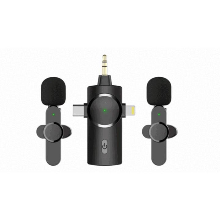 Set 2 microfoane wireless tip lavaliera 3in1, GIORY®, 2.4GHz, Live show, Vloguri, Interviuri, Compatibila IOS/Type-C/Jack, Incarcare USB, Negru