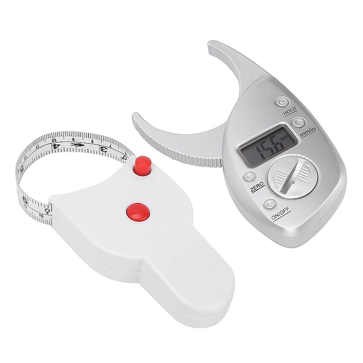 Cutimetru (Caliper) fitness digital, BOMSTOM, ruleta, Cleste fitness masurare procent strat de grasime corporala, pliuri, grosime piele, afisaj LCD