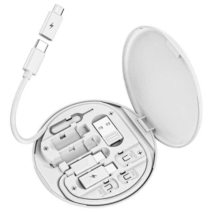 Többfunkciós készlet gyorstöltőkábellel 60W, telefontartóval, tárolódobozzal, kártyafoglalattal, minden egy készletben, USB, Type-C, Lighting, Micro-USB, 29 cm - fehér