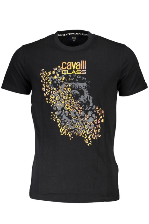 Tricou barbati la baza gatului cu aplicatie logo, Cavalli Class, negru, Negru