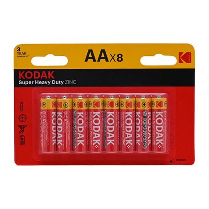 Set de 8 baterii Kodak AA, Super Heavy Duty Zinc, R6P, 1.5 V