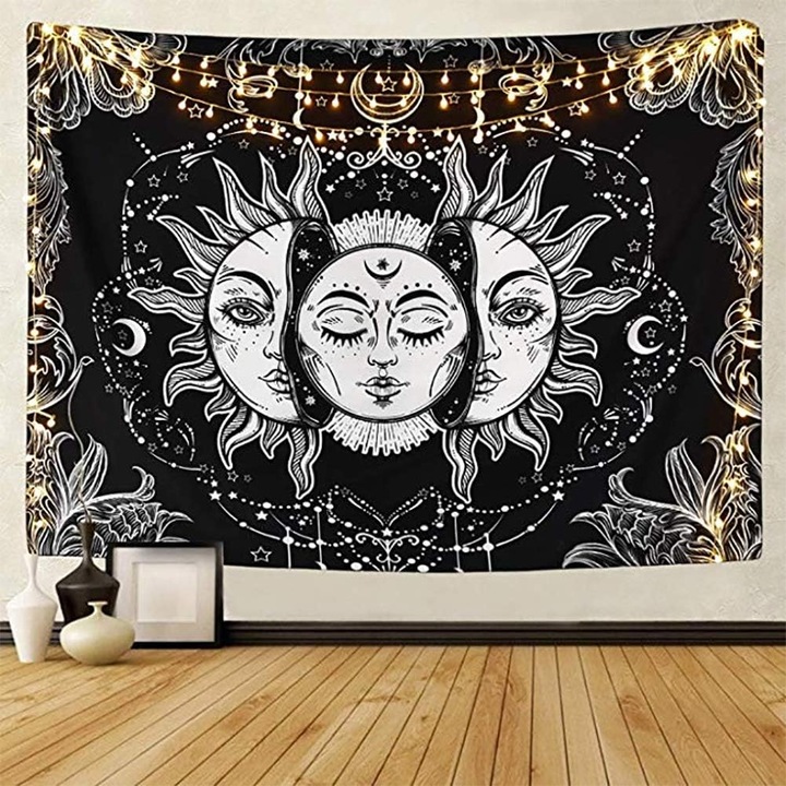 Tapiserie decorativa, Sunmostar, Model Tarot Soare/Luna, Poliester, 130x150cm, Negru/Alb