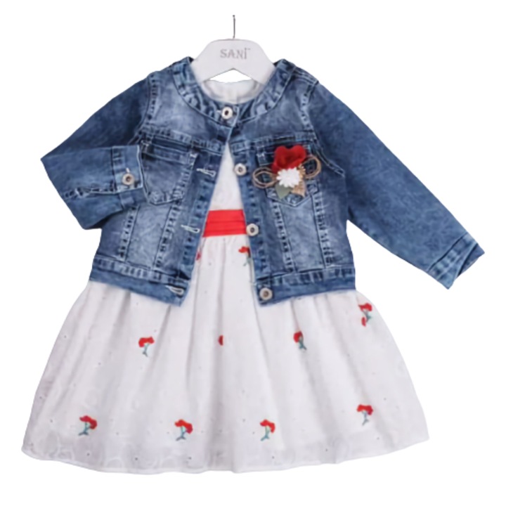 Compleu 2 piese, geaca albastra de blugi, rochie alba brodata cu maci rosii