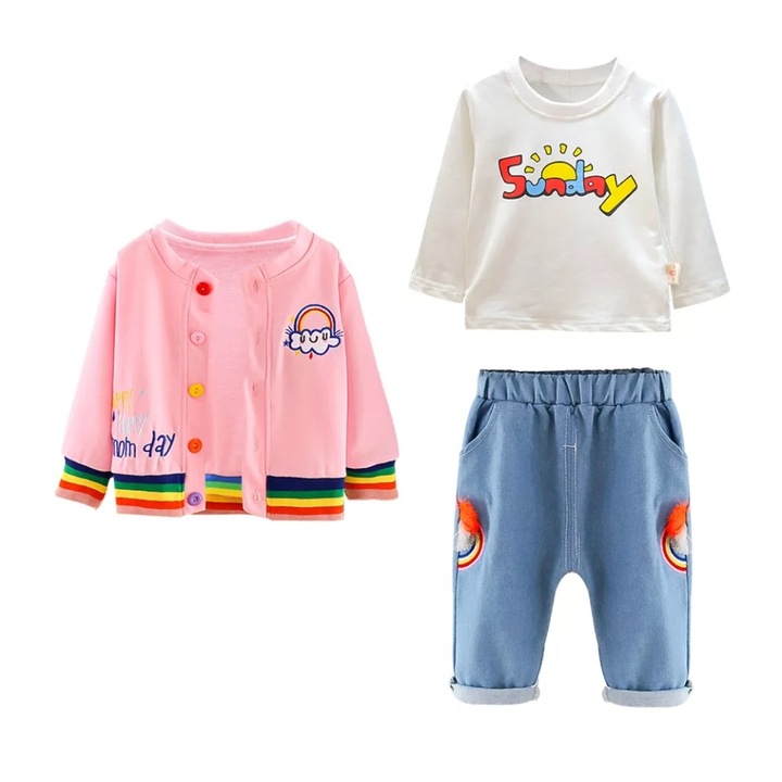 Compleu Happy day, cardigan roz, bluza alba maneca lunga, blugi subtiri albastri