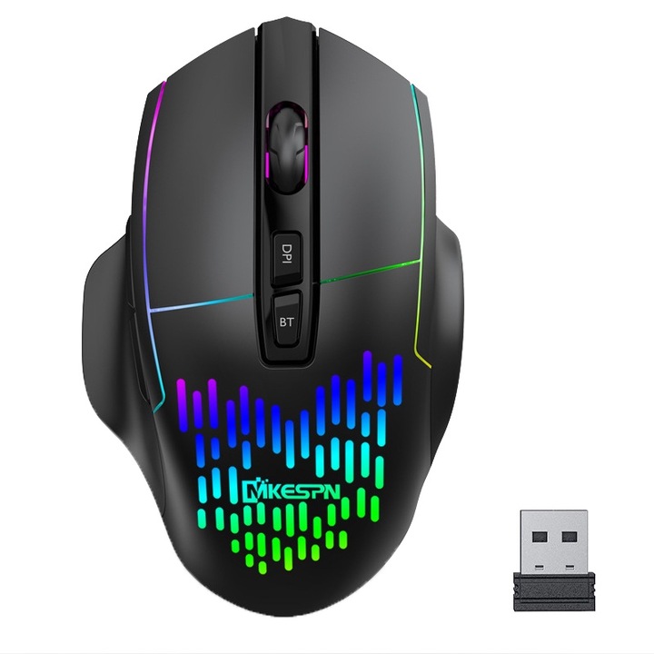 SDLOGAL Gamer egér, vezeték nélküli, RGB világítás, 2.4G, Bluetooth és USB vevővel, 1000/1200/1600 Dpi, Fekete