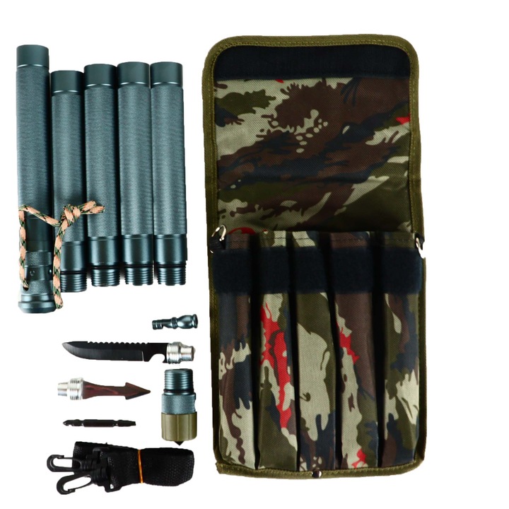 Baston Telescopic cu 5 Segmente, Agatatoare Dubla, Husa Textila, 3 Cutite Varf, Gri, 93 cm, Dalimag