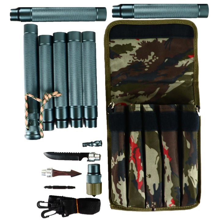 Baston Telescopic cu 7 Segmente, Agatatoare Dubla, Husa Textila, 3 Cutite Varf, Gri, 126 cm, Dalimag