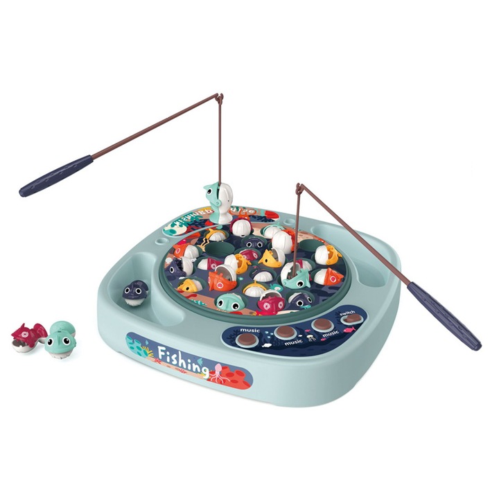 Joc de pescuit interactiv cu muzica, doua undite si pestisori colorati, 27 de piese, Albastru