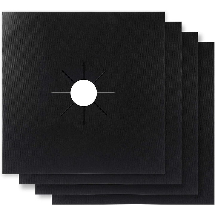 Set folii de protectie pentru aragaz, din tefon, 4 bucati, 27x27cm, Negru