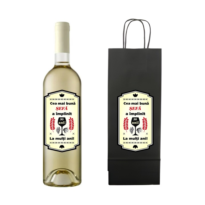 Set personalizat sticla de vin alb, demisec, Sauvignon Blanc, 750 ml si punga de cadouri cu imprimeu Cea mai buna sefa a implinit 30 ani