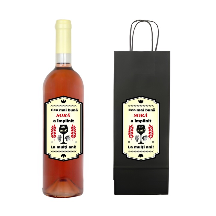 Set personalizat sticla de vin rose, demisec, 750 ml si punga de cadouri cu imprimeu Cea mai buna sora a implinit 50 ani