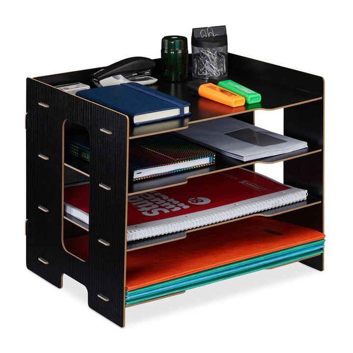 Suport pentru documente, cu 3 compartimente, MDF, format A4 orizontal, negru, 27 x 32,5 x 25 cm