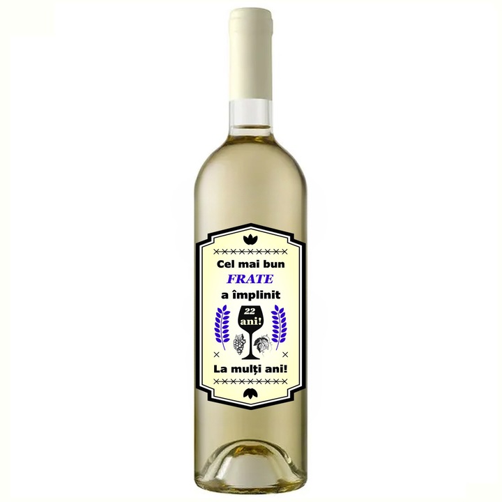 Set personalizat sticla de vin alb, demisec, Sauvignon Blanc, 750 ml, breloc succes si punga de cadouri cu imprimeu Cel mai bun frate a implinit 22 ani