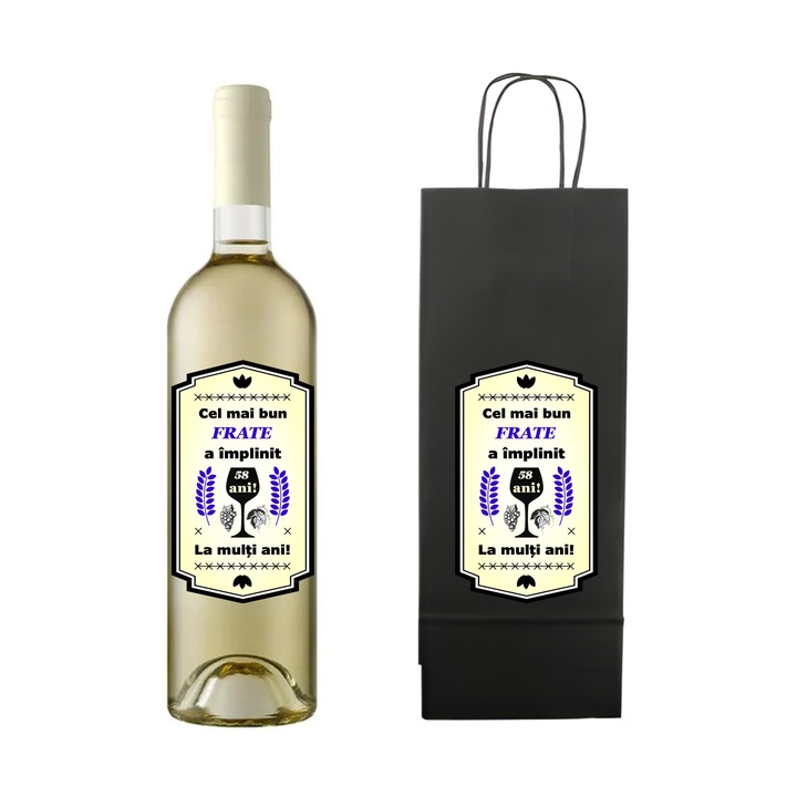 Set personalizat sticla de vin alb, demisec, Sauvignon Blanc, 750 ml si punga de cadouri cu imprimeu Cel mai bun frate a implinit 58 ani