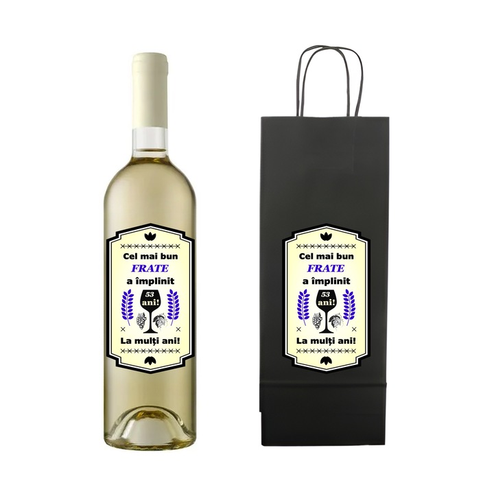 Set personalizat sticla de vin alb, demisec, Sauvignon Blanc, 750 ml si punga de cadouri cu imprimeu Cel mai bun frate a implinit 53 ani