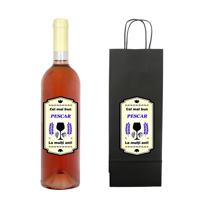 Set personalizat sticla de vin rose, demisec, 750 ml si punga de cadouri cu imprimeu Cel mai bun pescar, la multi ani