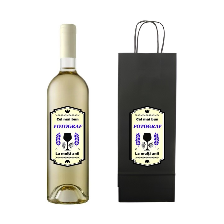 Set personalizat sticla de vin alb, demisec, Sauvignon Blanc, 750 ml si punga de cadouri cu imprimeu Cel mai bun fotograf, la multi ani