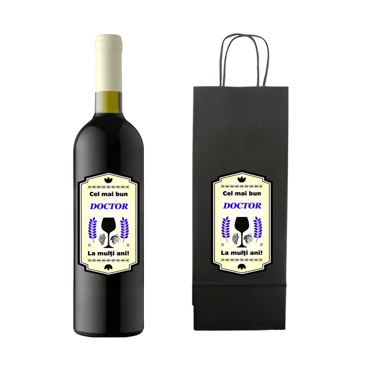 Set personalizat sticla de vin rosu, demisec, Feteasca Neagra, 750 ml si punga de cadouri cu imprimeu Cel mai bun doctor, la multi ani