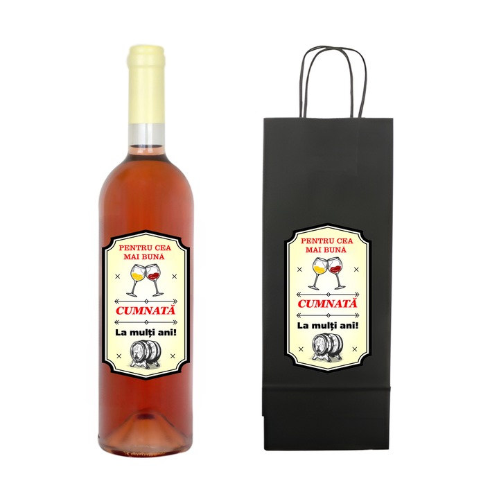 Set personalizat sticla de vin rose, demisec, 750 ml si punga de cadouri cu imprimeu Cea mai buna cumnata, la multi ani