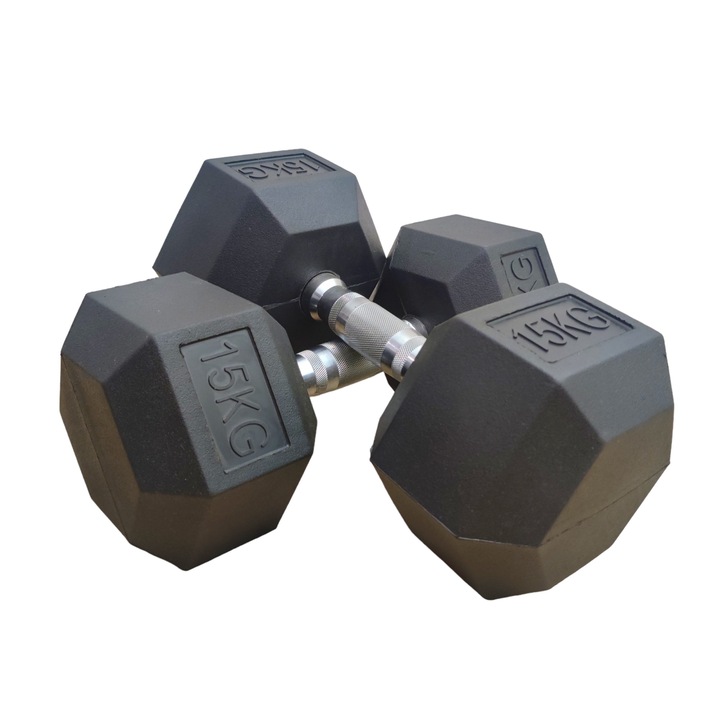 Set 2 gantere hexagonale, Metal art - ing. Dobrev, 15 kg, 2 buc, Negru