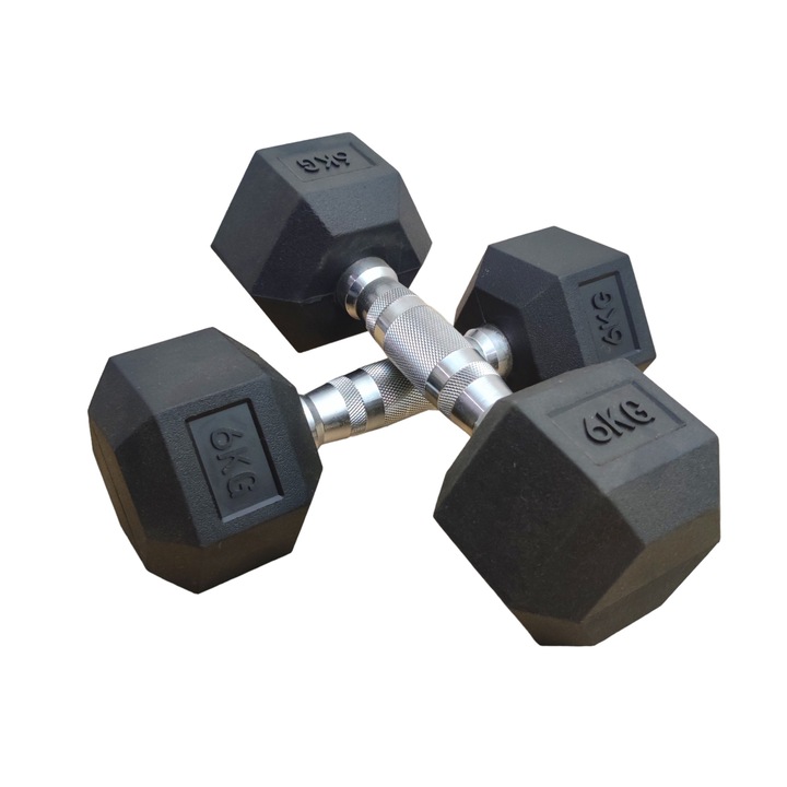 Set 2 gantere hexagonale, Metal Art - ing. Dobrev, 6kg, 2 buc, Negru