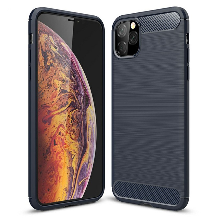 Husa pentru iPhone 11 Pro Max, aspect de carbon, Bleumarin