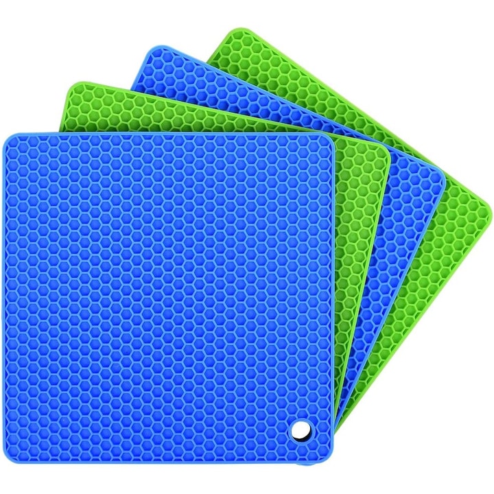 Set 4 suporturi masa, Silicon, 18 cm, Verde/Albastru