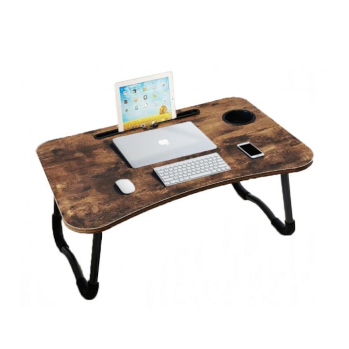 Masa laptop pliabila, eSimplu®, multifunctionala, suport pentru pahar, maro inchis, 60 x 40 cm
