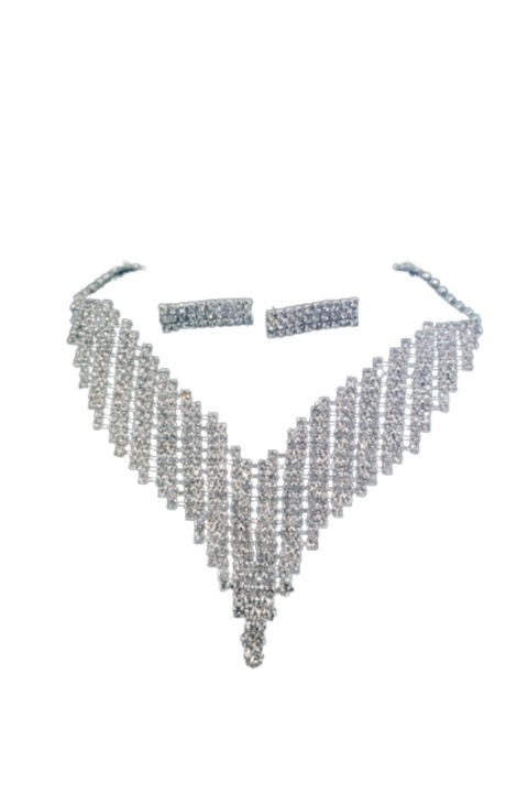 Colier si cercei Afrodita, Fashion Jewelry, Argintiu, Pietre albe