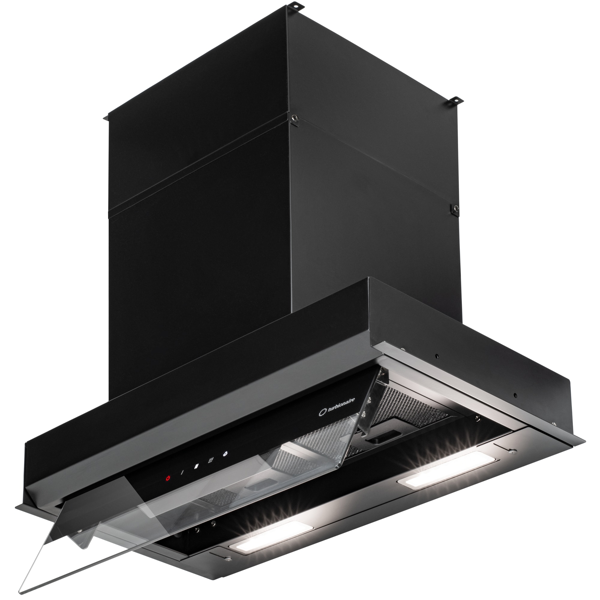 Hota incorporabila Turbionaire Enia 60 TEN60BB, L 60 cm, Motor Brushless 800mc/h, Clasa energetica A++, Control tactil pe Panoul mobil, Dubla aspiratie, Sticla tratata termic, Inst