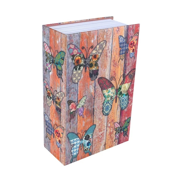 Seif Dictionar Carte Mare, Bigshot, cu o Cutie Secreta, Metalic, 265 x 65 x 200 mm, Model Fluturi