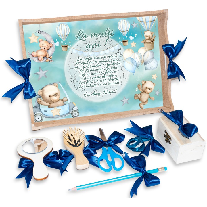Set Tavita pentru Taiere Mot/Turta pentru baieti, Model Ursulet cu Luna, Prima aniversare, 7 Piese, 24x32cm, Culoare Natur, Funde Albastre