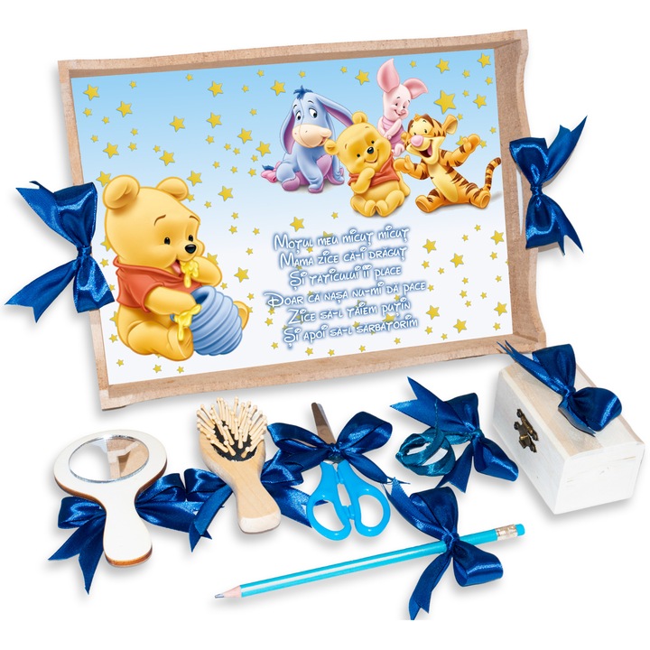 Set Tavita pentru Taiere Mot/Turta pentru baieti, Model Winnie The Pooh, Prima aniversare, 7 Piese, 24x32cm, Culoare Natur, Funde Albastre