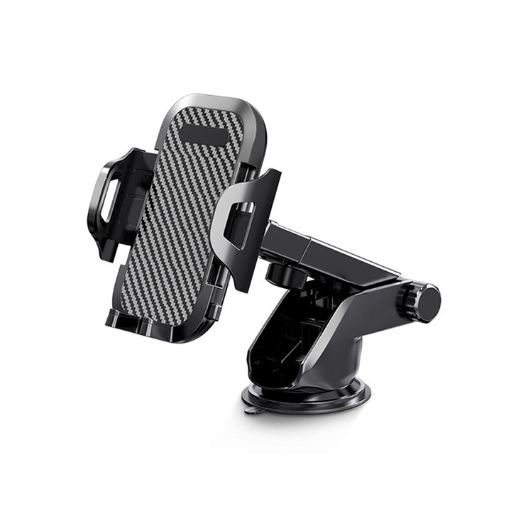 Suport telefon auto, Redkid, fibra de carbon, deblocare tactila, instalat pe parbrizul frontal sau tabloul de bord, universal, negru