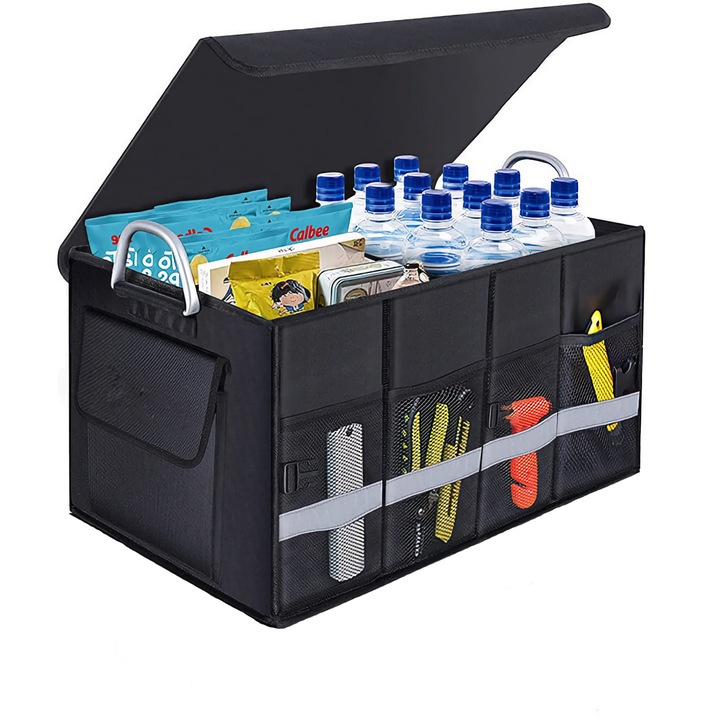 Organizator Portbagaj Auto Miraza, 3 Compartimente, Pliabil, Velcro, Manere Metalice, Impermeabil, Banda Reflectorizanta, Capacitate 60L, 30x35x60, Negru