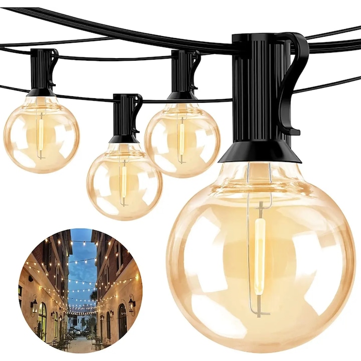 Ghirlanda Luminoasa Decorativa Exterior 20M, WeluvFit, G5427, 25 Becuri+2 Becuri Rezerva, Rezistent la Apa, Interconectabila, 2700K Lumina Calda, Bec LED G40, Pentru Veranda, Deck, Gradina, Curte, Balcon