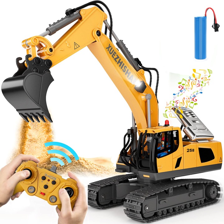 Excavator cu telecomanda SDLOGAL, 1:20, 2.4Ghz, Sapa, se misca, da inapoi si se intoarce, Echipament de constructie, pentru interior si exterior, Negru/Portocaliu
