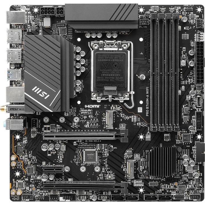 Дънна платка MSI PRO B760M-A WIFI, mATX, LGA1700, Dual Channel 6800(OC)MHz, 2x PCIe x16 slots, 2x M.2 slots, 2.5Gbps LAN, WI-FI 6E