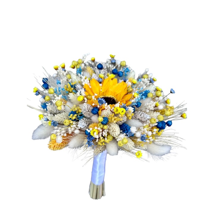 Buchet de Flori Mic cu Floarea soarelui din foita de sapun si Plante Uscate (Multicolor) - Eventissimi