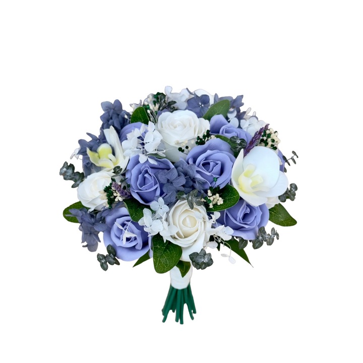 Buchet mediu cu trandafiri, eucalipt, hortensie si orhidee (Alb, Indigo) - Copie - Eventissimi