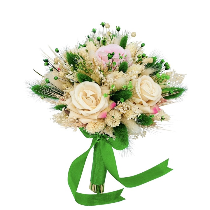 Buchet mic cu trandafiri din catifea si flori naturale uscate si criogenate, (Ivory / Verde) - Eventissimi
