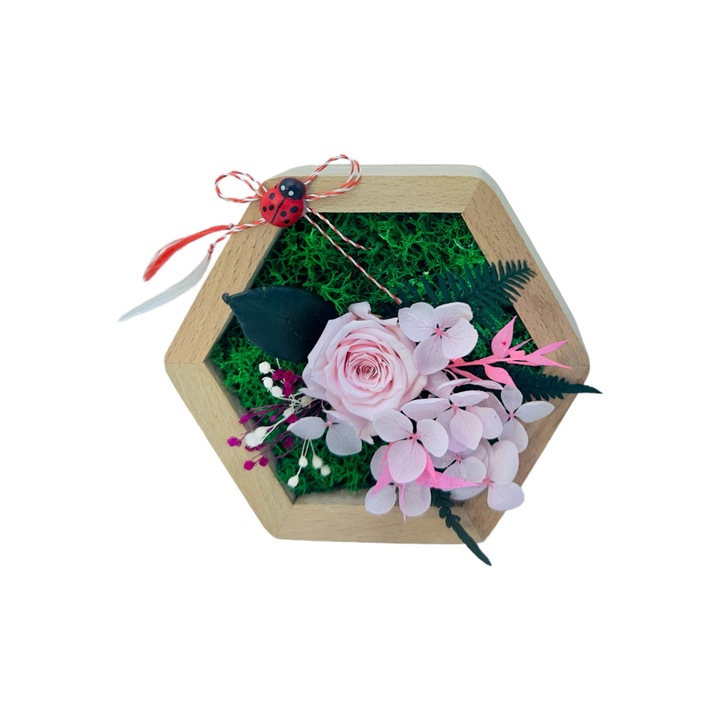 Aranjament floral hexagon cu licheni, mini roza si plante criogenate (Roz) - Eventissimi