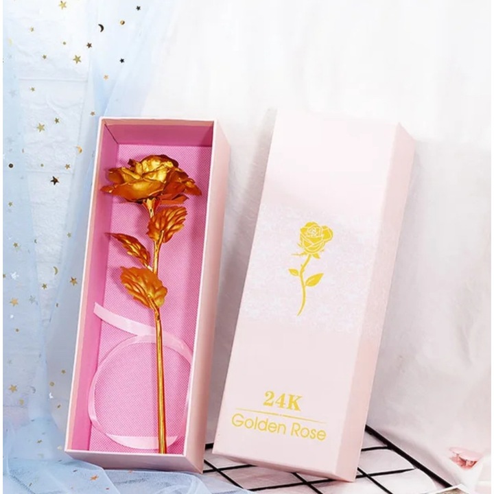 Trandafir artificial, imitatie foita de aur, cutie + punga cadou Roz