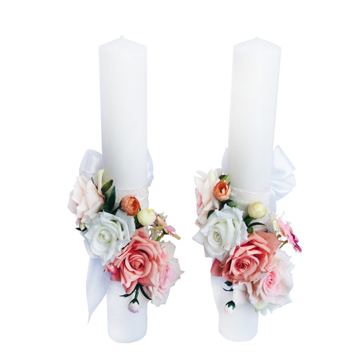 Set Lumanari nunta / botez, 40 cm, alb / roz, trandafiri si minibujori din matase - Eventissimi