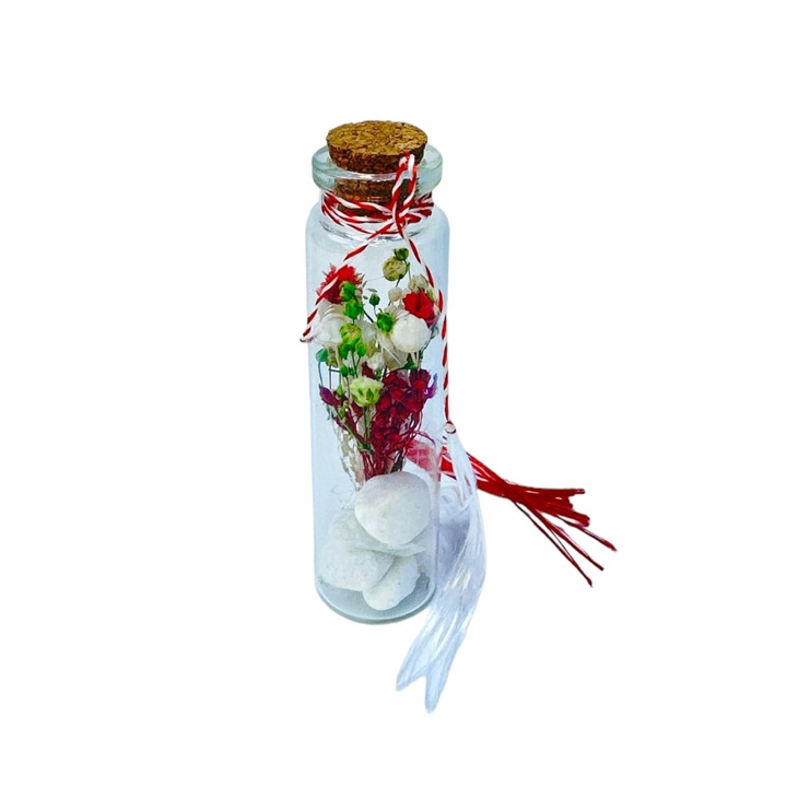 Martisor sticluta cu flori uscate (Alb / Rosu) - Eventissimi