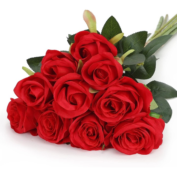 Set 10 Buchet Trandafiri Flori artificiale, Yefound®, Rosu